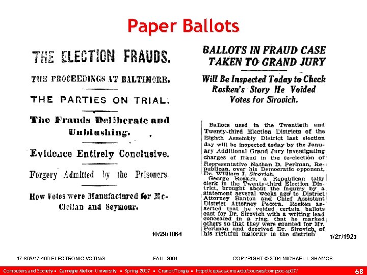 Paper Ballots 10/29/1864 1/27/1925 17 -803/17 -400 ELECTRONIC VOTING FALL 2004 COPYRIGHT © 2004