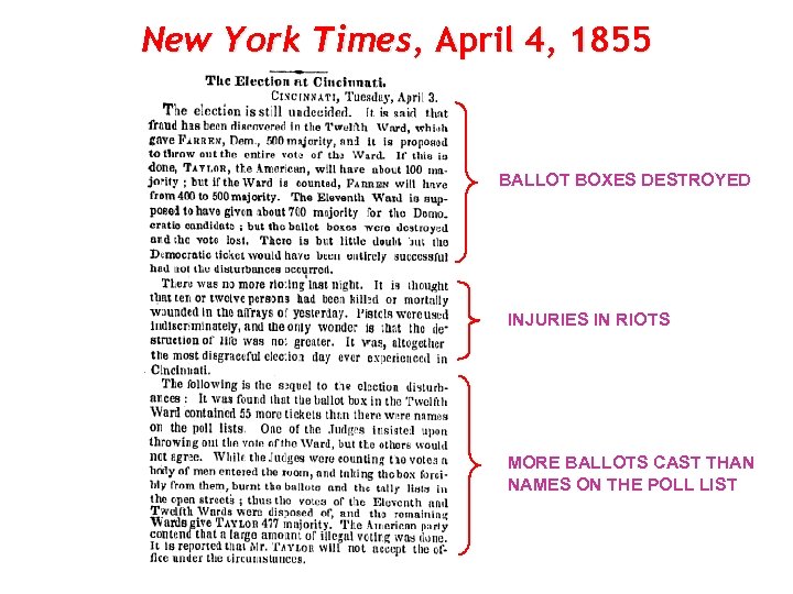 New York Times, April 4, 1855 BALLOT BOXES DESTROYED INJURIES IN RIOTS MORE BALLOTS