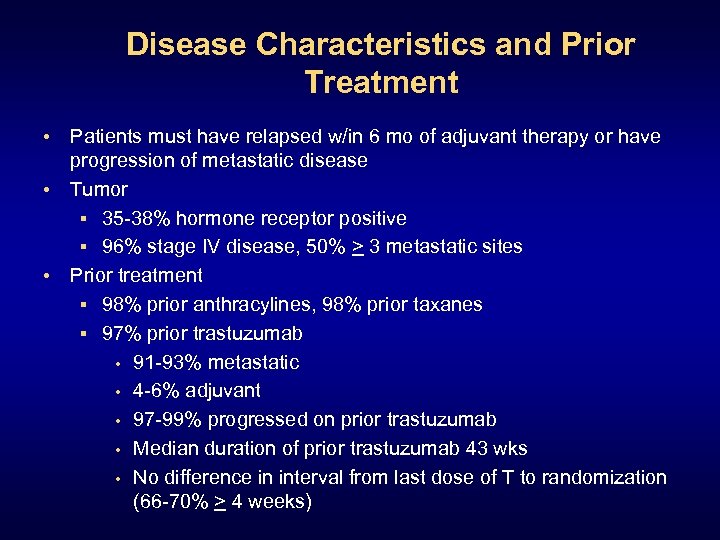 Disease Characteristics and Prior Treatment • Patients must have relapsed w/in 6 mo of