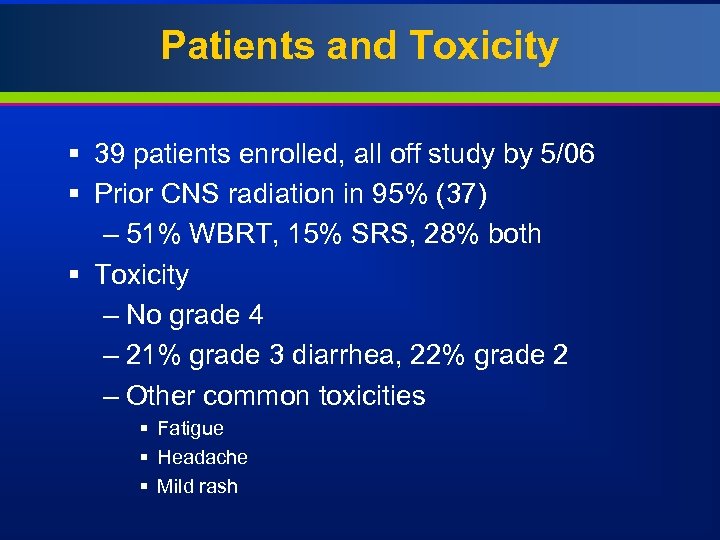 Patients and Toxicity § 39 patients enrolled, all off study by 5/06 § Prior