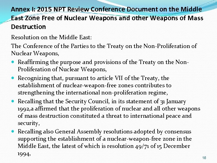 Annex I: 2015 NPT Review Conference Document on the Middle East Zone Free of
