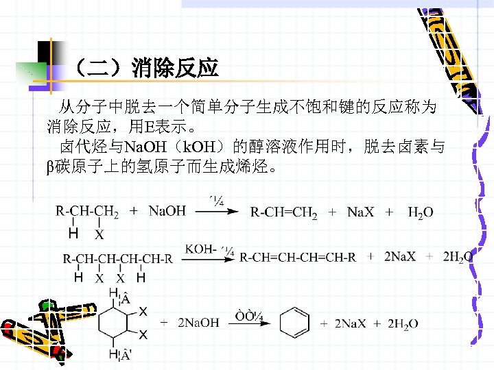 （二）消除反应 从分子中脱去一个简单分子生成不饱和键的反应称为 消除反应，用E表示。 卤代烃与Na. OH（k. OH）的醇溶液作用时，脱去卤素与 β碳原子上的氢原子而生成烯烃。 