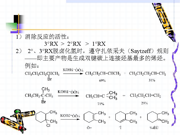1）消除反应的活性： 3°RX > 2°RX > 1°RX 2） 2°、3°RX脱卤化氢时，遵守扎依采夫（Saytzeff）规则 ——即主要产物是生成双键碳上连接烃基最多的烯烃。 例如： 