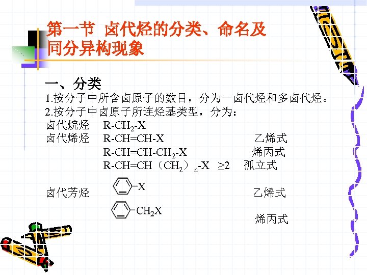 第一节 卤代烃的分类、命名及 同分异构现象 一、分类 1. 按分子中所含卤原子的数目，分为一卤代烃和多卤代烃。 2. 按分子中卤原子所连烃基类型，分为： 卤代烷烃 R-CH 2 -X 卤代烯烃 R-CH=CH-X