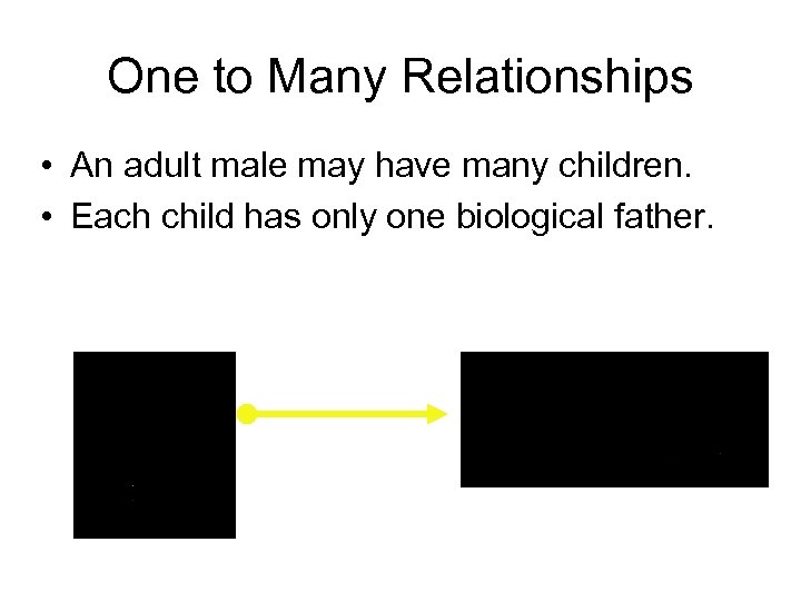 One to Many Relationships • An adult male may have many children. • Each