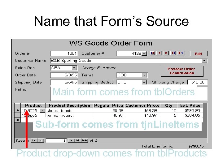 Name that Form’s Source Main form comes from tbl. Orders Sub-form comes from tjn.