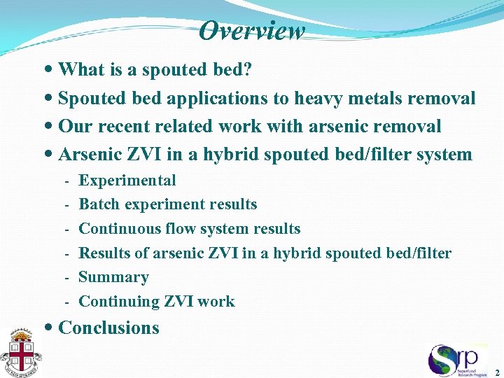 Overview What is a spouted bed? Spouted bed applications to heavy metals removal Our