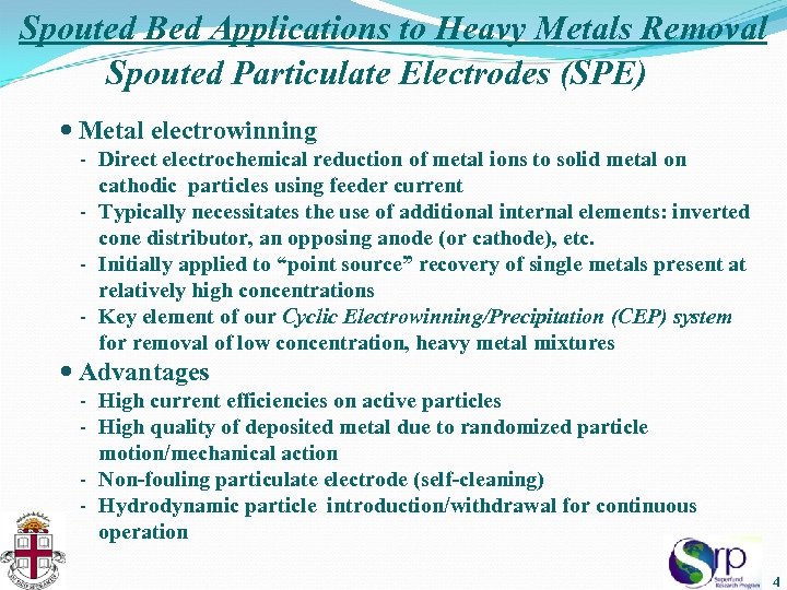 Spouted Bed Applications to Heavy Metals Removal Spouted Particulate Electrodes (SPE) Metal electrowinning -