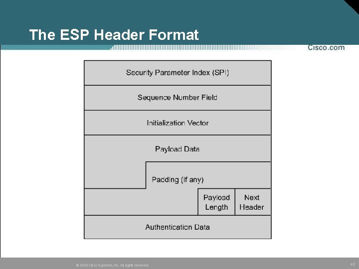 The ESP Header Format © 2005 Cisco Systems, Inc. All rights reserved. 43 