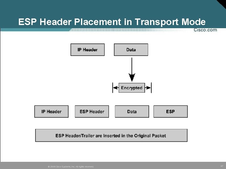 ESP Header Placement in Transport Mode © 2005 Cisco Systems, Inc. All rights reserved.
