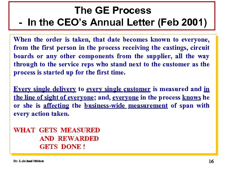 The GE Process - In the CEO’s Annual Letter (Feb 2001) When the order