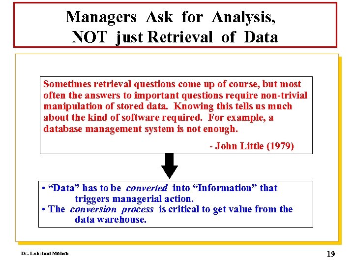 Managers Ask for Analysis, NOT just Retrieval of Data Sometimes retrieval questions come up