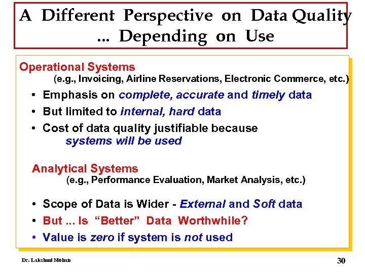 A Different Perspective on Data Quality. . . Depending on Use Operational Systems (e.