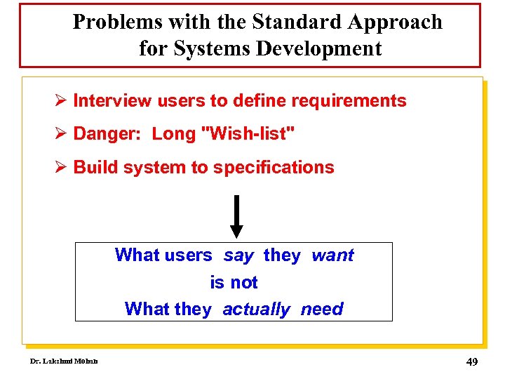 Problems with the Standard Approach for Systems Development Ø Interview users to define requirements