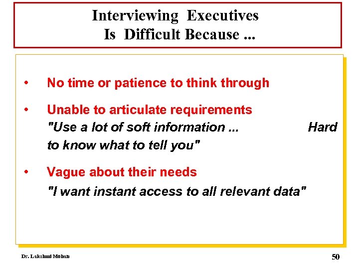 Interviewing Executives Is Difficult Because. . . • No time or patience to think