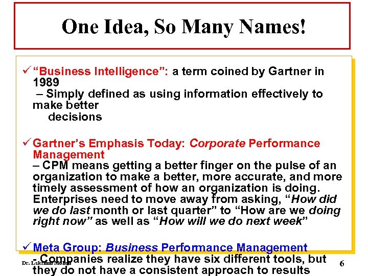 One Idea, So Many Names! ü “Business Intelligence”: a term coined by Gartner in