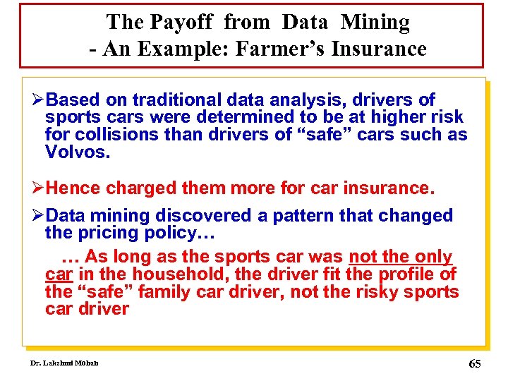 The Payoff from Data Mining - An Example: Farmer’s Insurance ØBased on traditional data