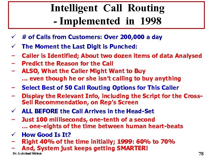 Intelligent Call Routing - Implemented in 1998 ü # of Calls from Customers: Over