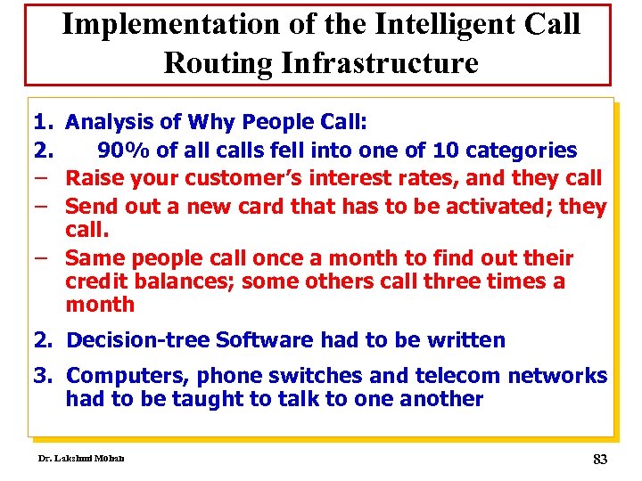 Implementation of the Intelligent Call Routing Infrastructure 1. Analysis of Why People Call: 2.