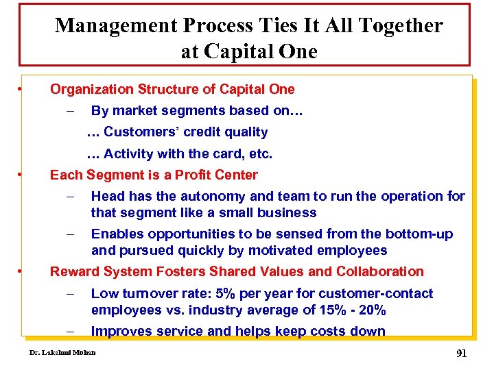 Management Process Ties It All Together at Capital One • Organization Structure of Capital