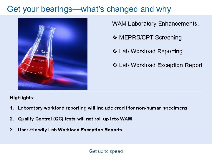 Get your bearings—what’s changed and why WAM Laboratory Enhancements: v MEPRS/CPT Screening v Lab