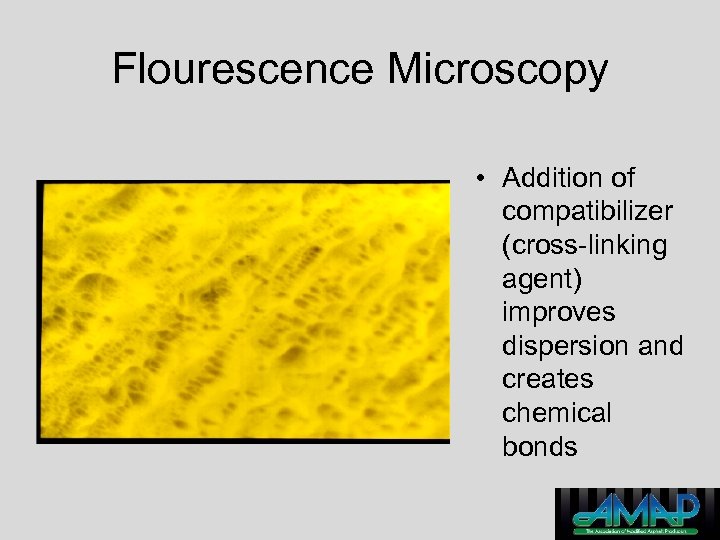 Flourescence Microscopy • Addition of compatibilizer (cross-linking agent) improves dispersion and creates chemical bonds