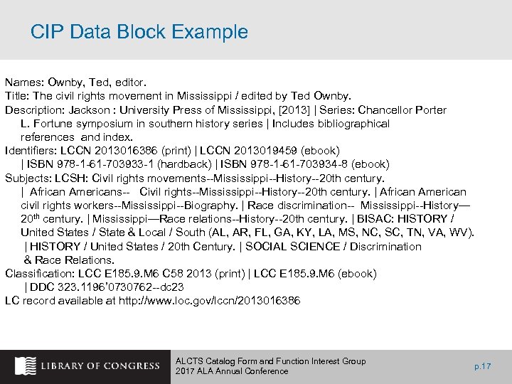 CIP Data Block Example Names: Ownby, Ted, editor. Title: The civil rights movement in