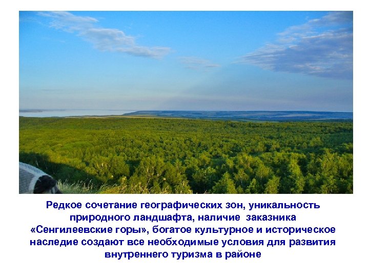  Редкое сочетание географических зон, уникальность природного ландшафта, наличие заказника «Сенгилеевские горы» , богатое