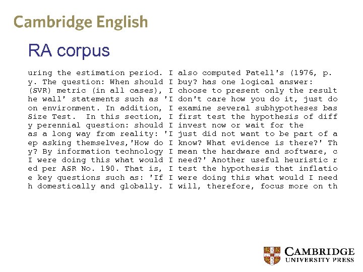 Journals: published writing RA corpus uring the estimation period. I y. The question: When