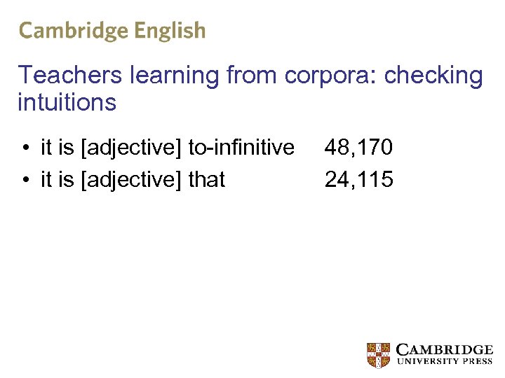 Teachers learning from corpora: checking intuitions • it is [adjective] to-infinitive • it is