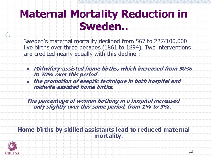 Maternal Mortality Reduction in Sweden. . Sweden’s maternal mortality declined from 567 to 227/100,