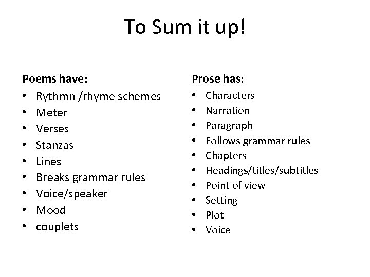 To Sum it up! Poems have: • Rythmn /rhyme schemes • Meter • Verses