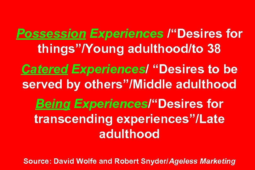 Possession Experiences /“Desires for things”/Young adulthood/to 38 Catered Experiences/ “Desires to be served by