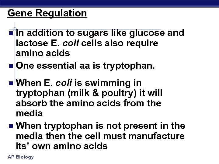 Gene Regulation In addition to sugars like glucose and lactose E. coli cells also