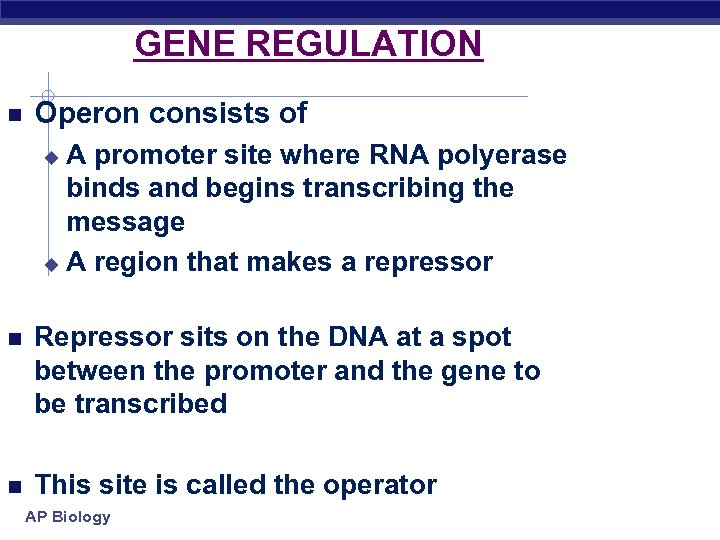 GENE REGULATION Operon consists of A promoter site where RNA polyerase binds and begins