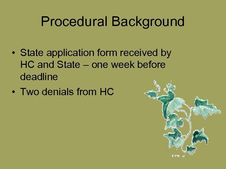 Procedural Background • State application form received by HC and State – one week