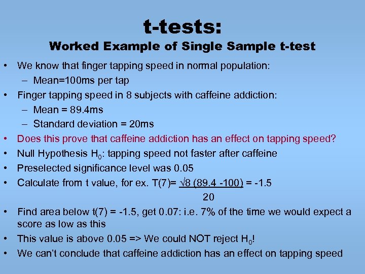 t-tests: Worked Example of Single Sample t-test • We know that finger tapping speed