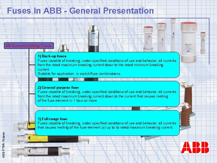 Fuses in ABB - General Presentation HV Current Limiting Fuses 1) Back-up fuses Fuses