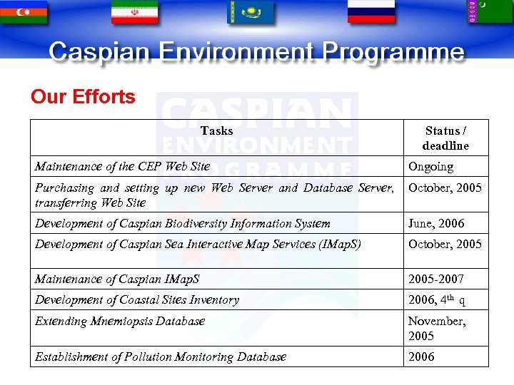Our Efforts Tasks Status / deadline Maintenance of the CEP Web Site Ongoing Purchasing