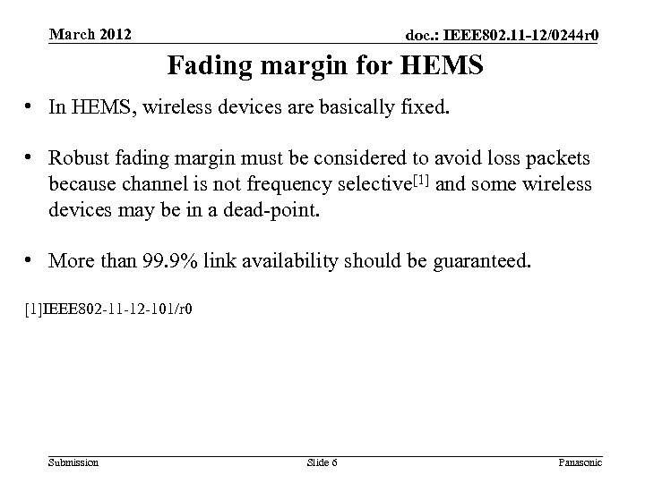 March 2012 doc. : IEEE 802. 11 -12/0244 r 0 Fading margin for HEMS