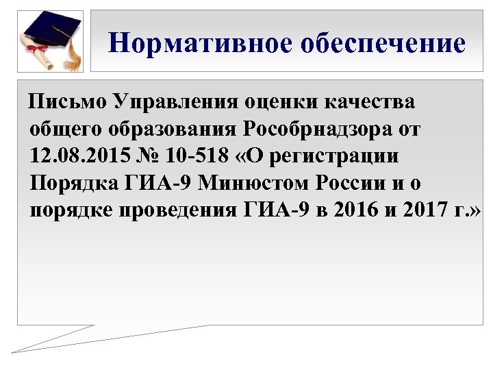 Нормативное обеспечение Письмо Управления оценки качества общего образования Рособрнадзора от 12. 08. 2015 №