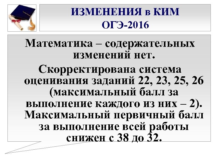 ИЗМЕНЕНИЯ в КИМ ОГЭ-2016 Математика – содержательных изменений нет. Скорректирована система оценивания заданий 22,