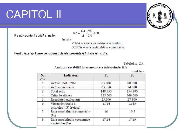 CAPITOL II Relaţia poate fi scrisă şi astfel: Pentru exemplificare se folosesc datele prezentate