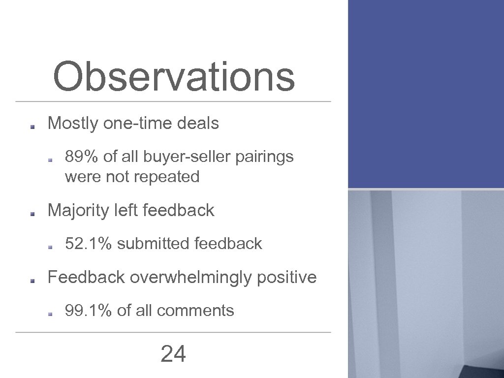 Observations Mostly one-time deals 89% of all buyer-seller pairings were not repeated Majority left