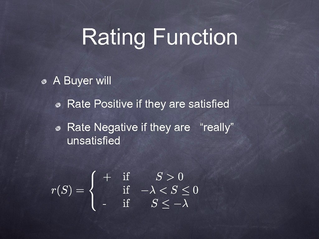 Rating Function A Buyer will Rate Positive if they are satisfied Rate Negative if