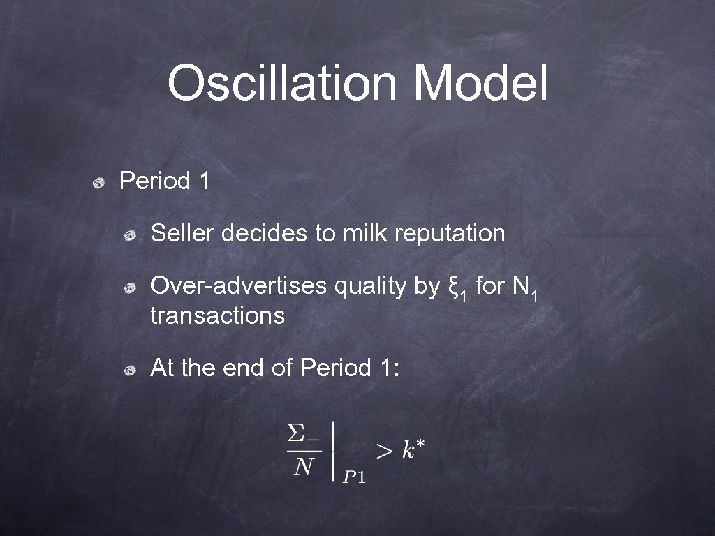 Oscillation Model Period 1 Seller decides to milk reputation Over-advertises quality by ξ 1