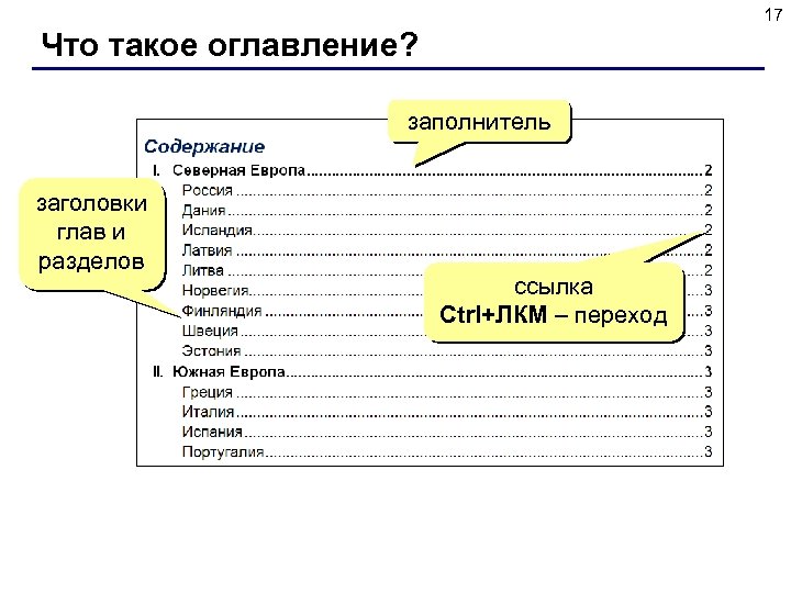 17 Что такое оглавление? заполнитель заголовки глав и разделов ссылка Ctrl+ЛКМ – переход 