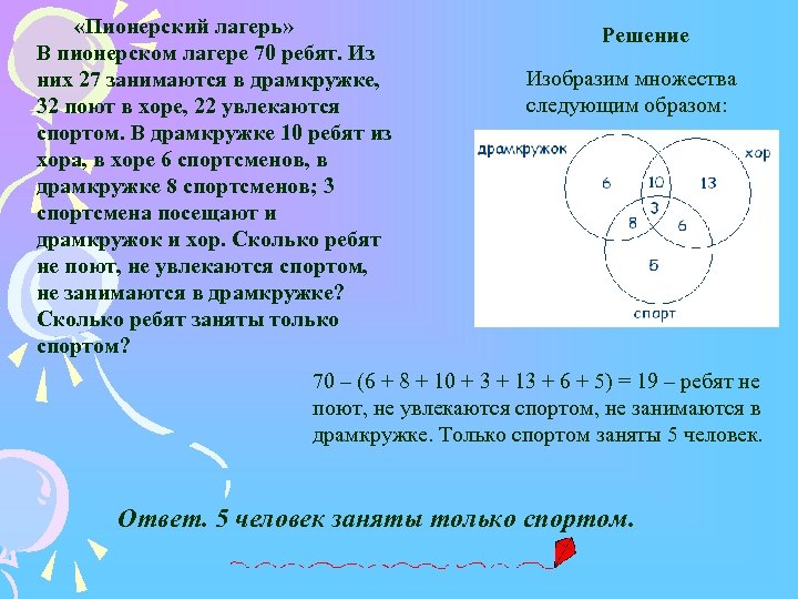 В трех седьмых классах. В Пионерском лагере 70 ребят. В Пионерском лагере 70 ребят из них 27. Задача в Пионерском лагере 70 ребят из них 27. В Пионерском лагере 70 ребят из них 27 занимаются в драмкружке 32 поют.