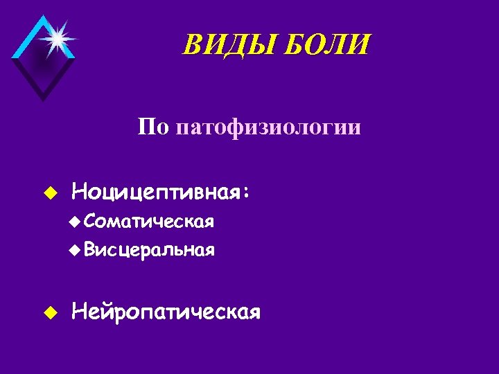 ВИДЫ БОЛИ По патофизиологии u Ноцицептивная: u Соматическая u Висцеральная u Нейропатическая 