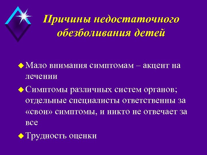 Причины недостаточного обезболивания детей u Мало внимания симптомам – акцент на лечении u Симптомы